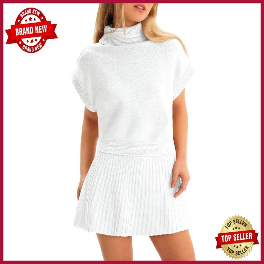Turtleneck Crop Top Pleated Mini Skirt Set Recycled Knit